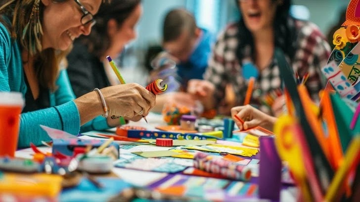 People drawing with colored pencils at a craft table.